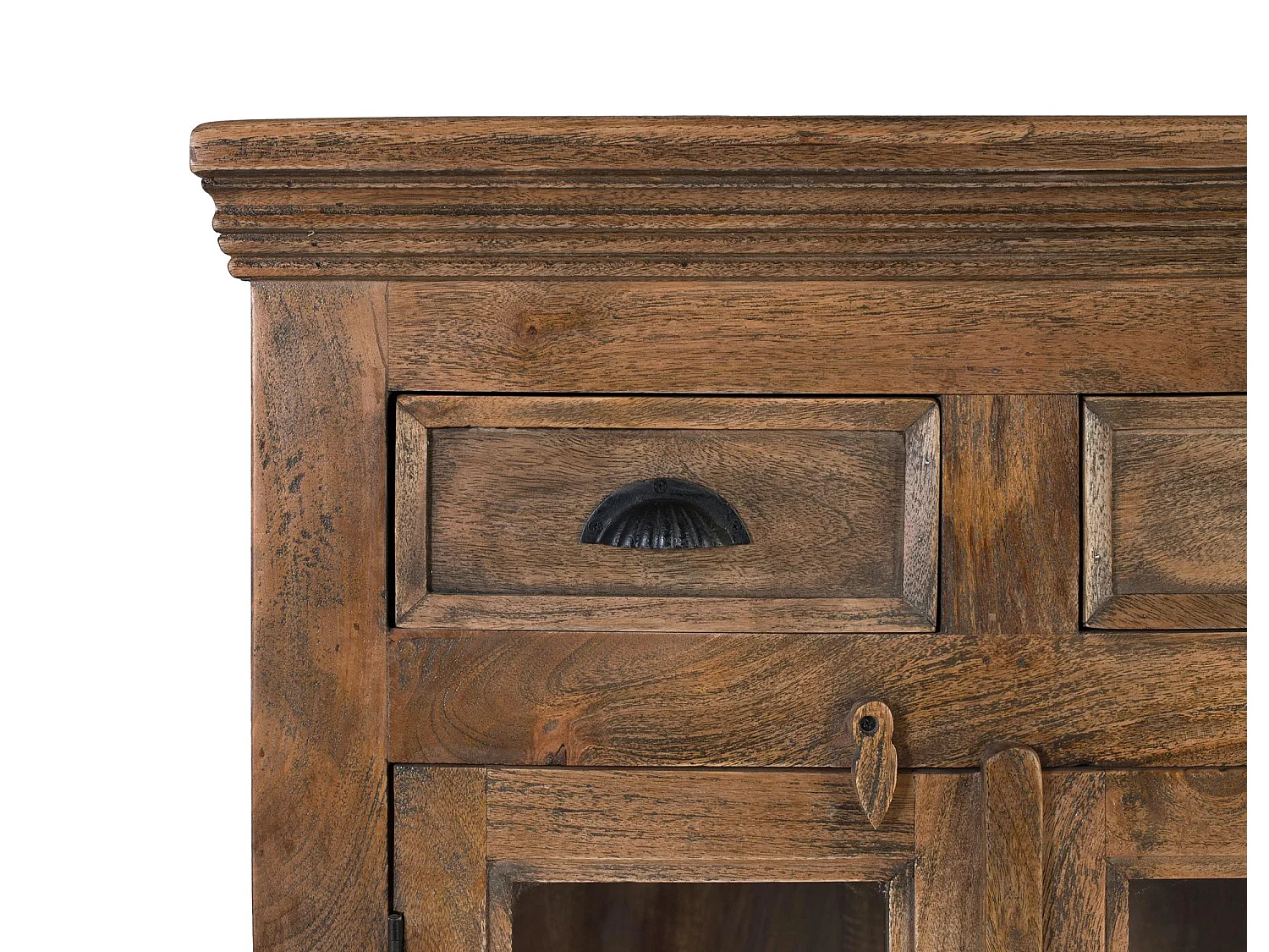 Hohes Sideboard aus Mangoholz mit handgeschnitzten Türen