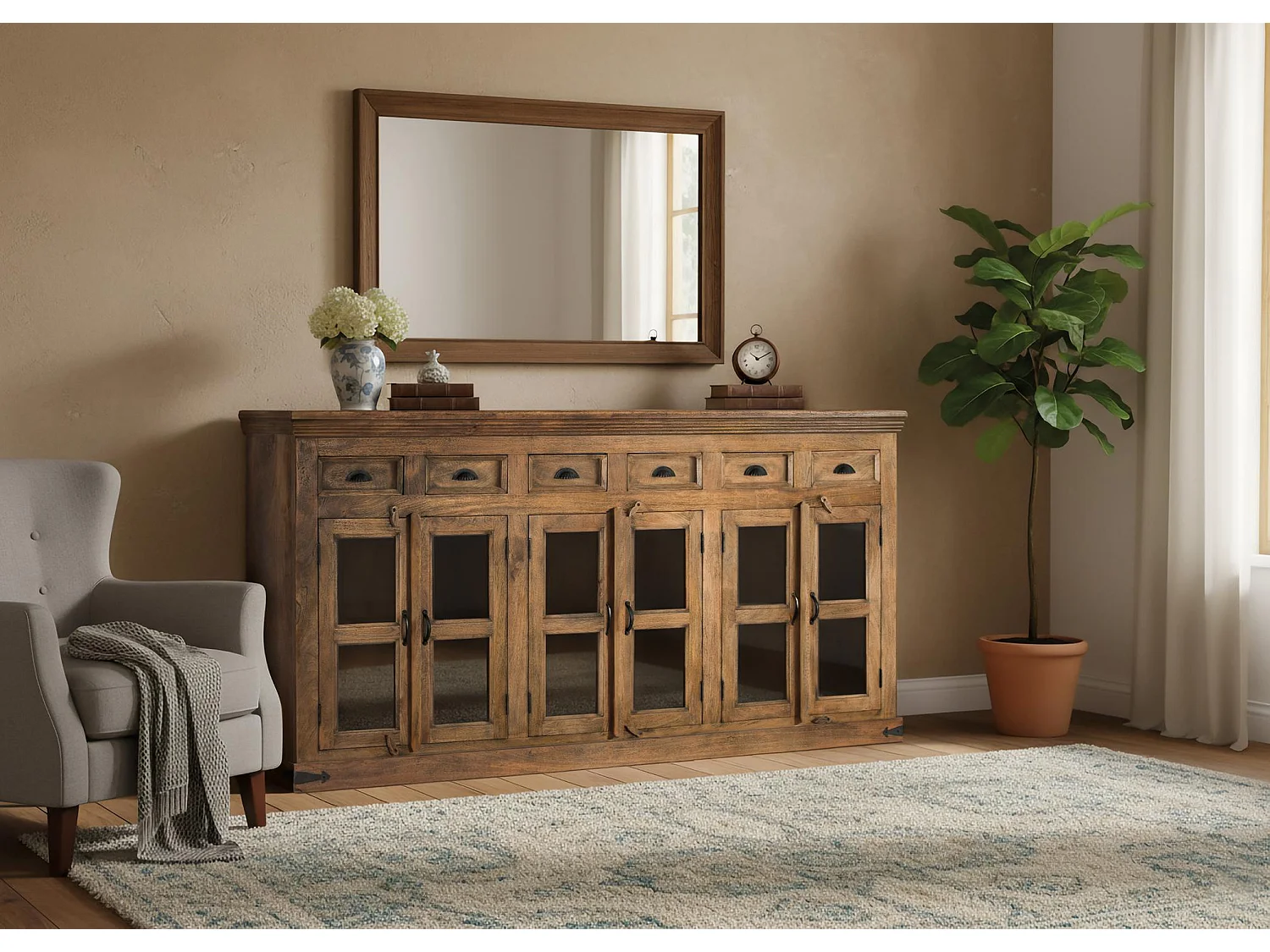 Buffet en bois de manguier, style colonial rustique - 120 x 225 x 45