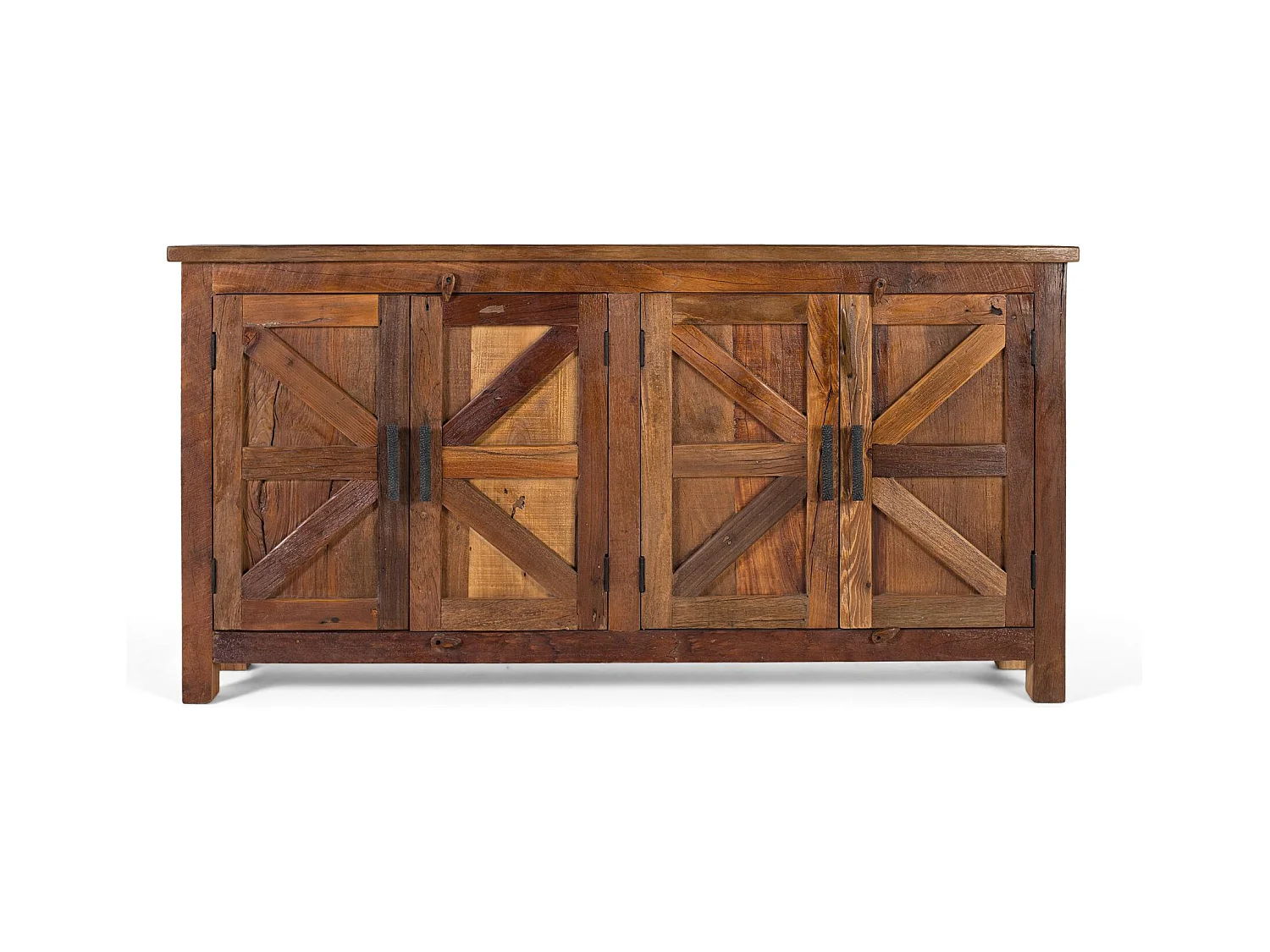 Buffet rustique à quatre portes, fabriqué à la main à partir de bois recyclé