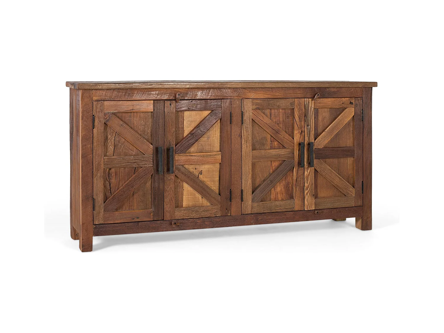 Buffet rustique à quatre portes, fabriqué à la main à partir de bois recyclé