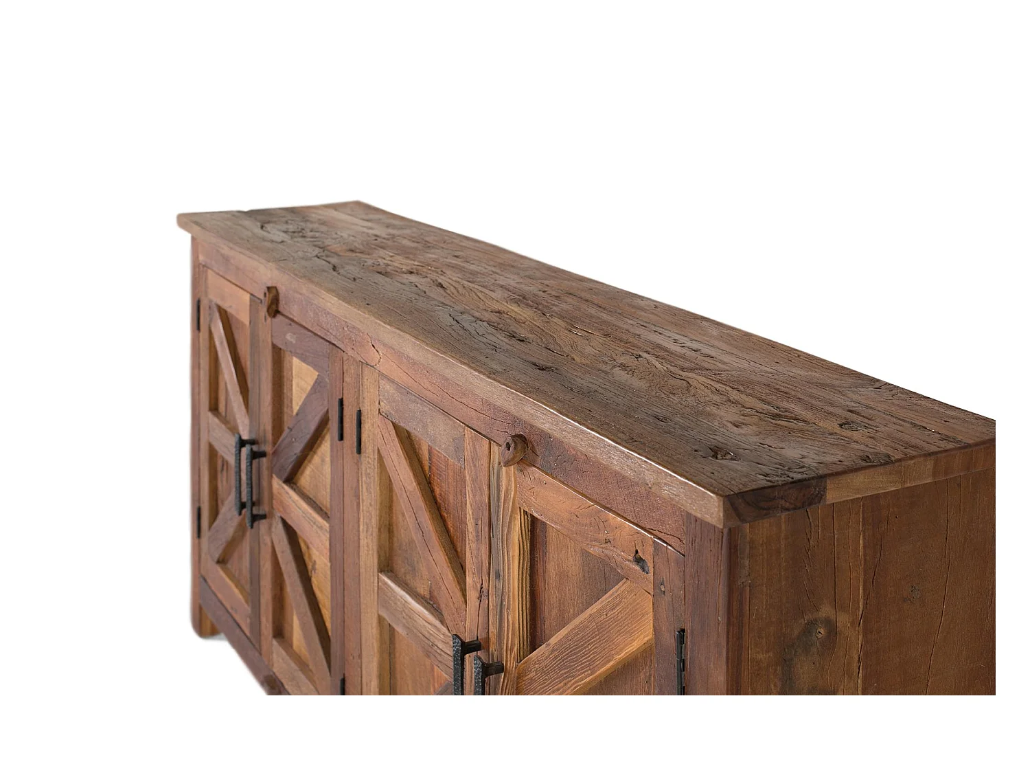 Buffet rustique à quatre portes, fabriqué à la main à partir de bois recyclé