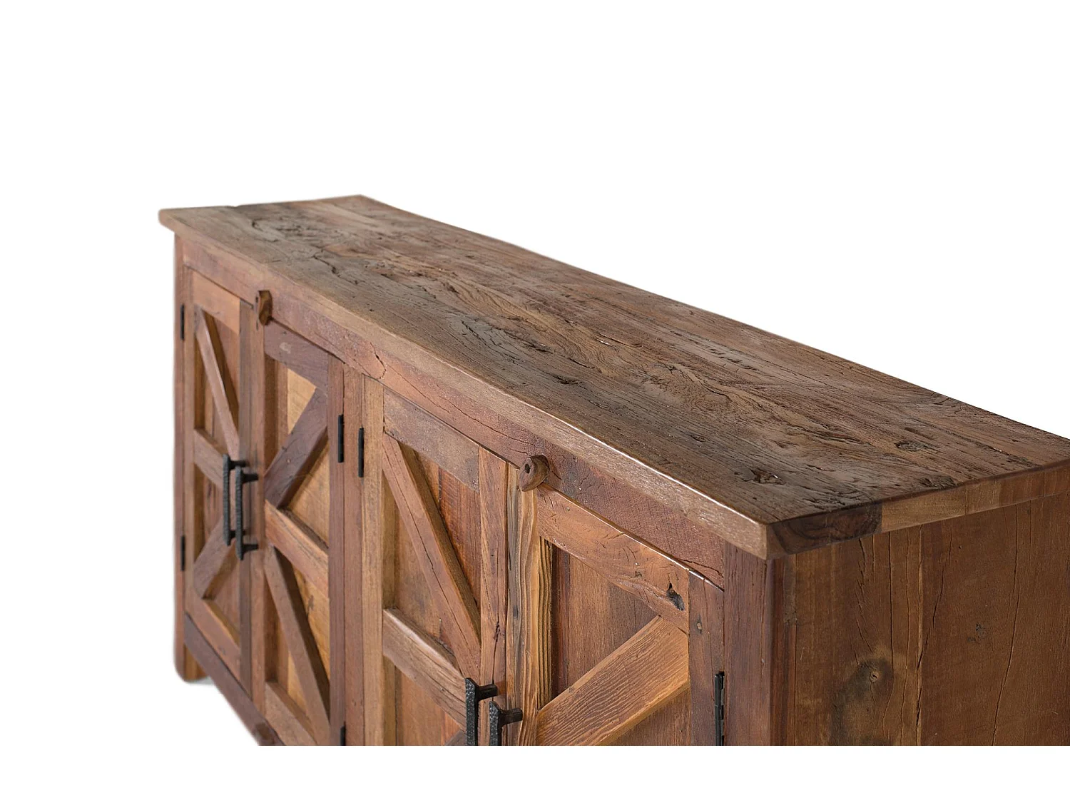 Buffet rustique à quatre portes, fabriqué à la main à partir de bois recyclé