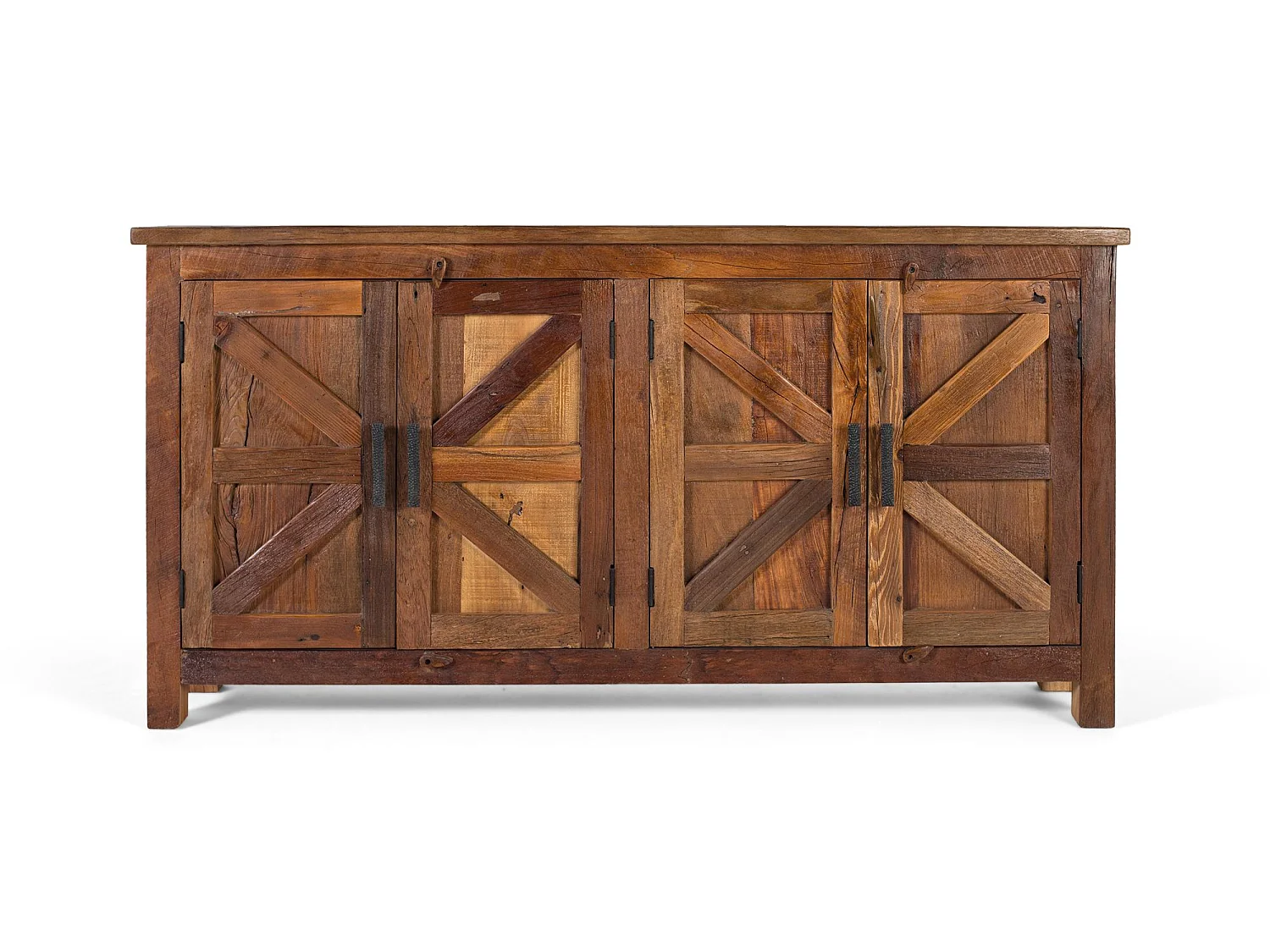 Buffet rustique à quatre portes, fabriqué à la main à partir de bois recyclé