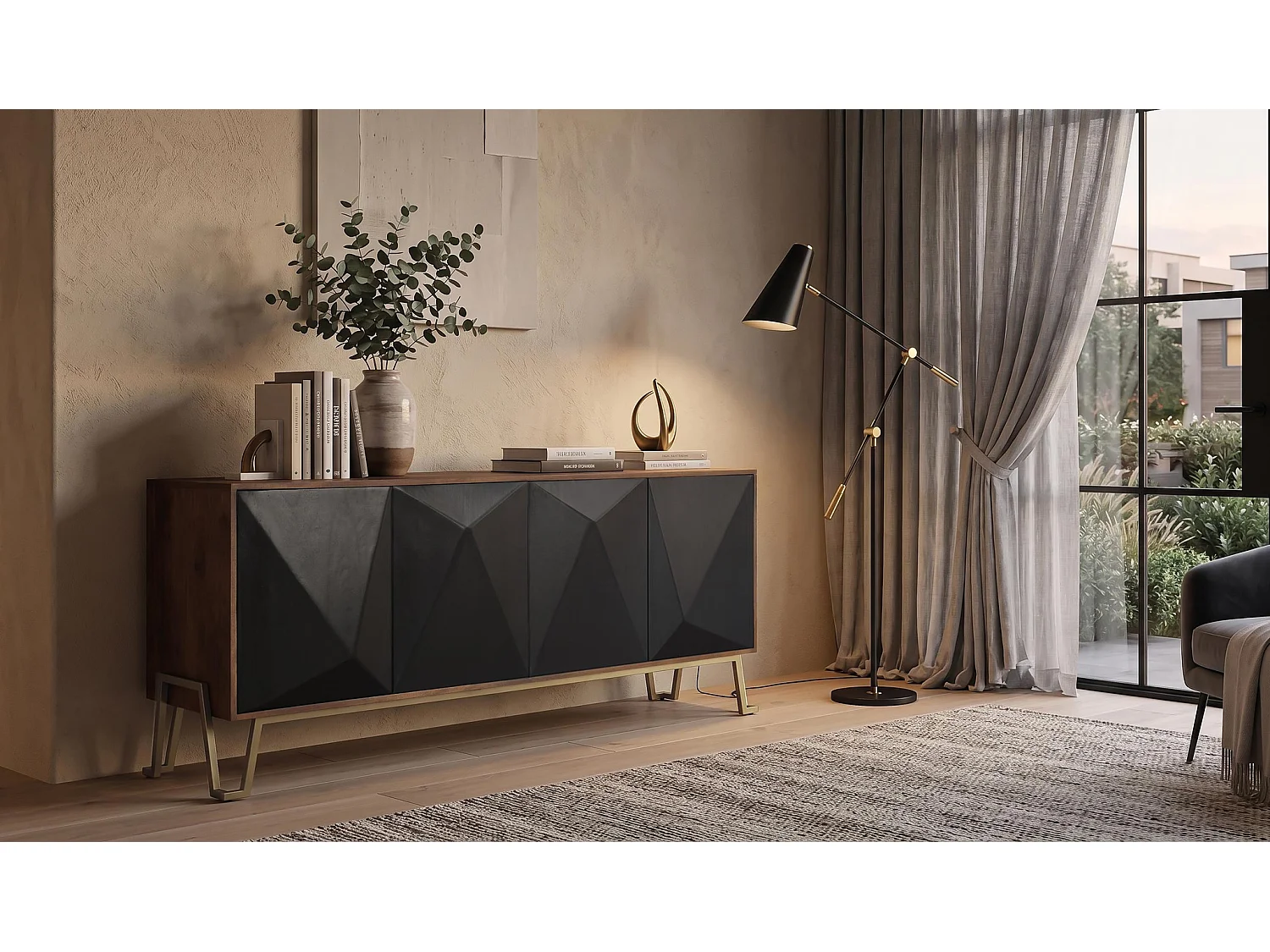 Buffet en bois de manguier, style contemporain moderne - 80 x 180 x 46