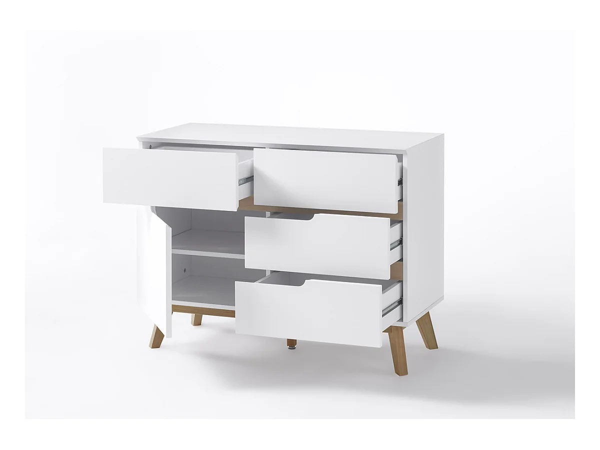 Commode en laqué blanc mat avec piètement en chêne - L97 x H76 x P40 cm