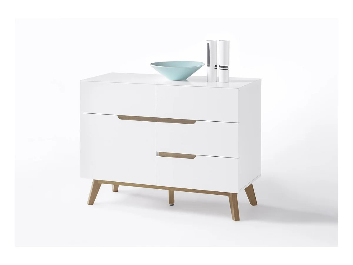 Commode en laqué blanc mat avec piètement en chêne - L97 x H76 x P40 cm