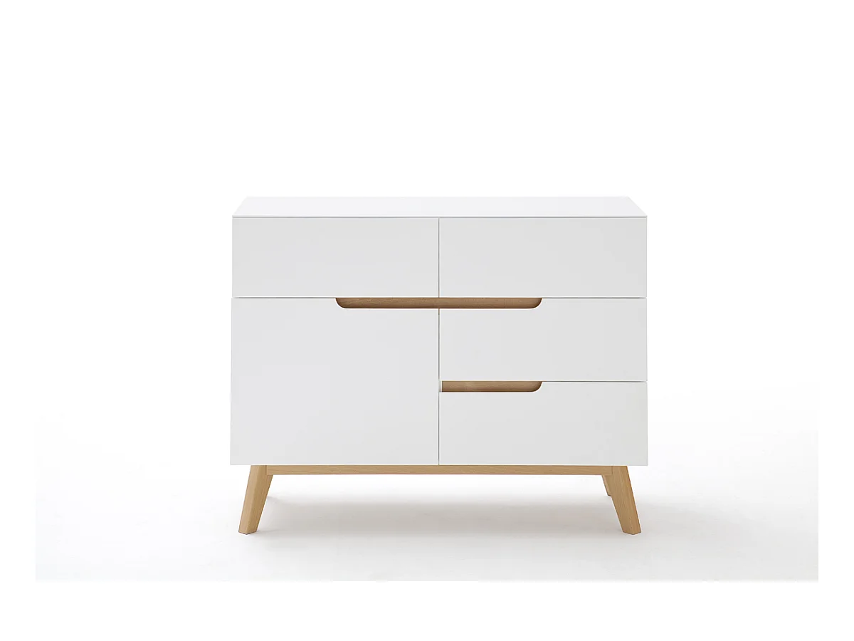 Commode en laqué blanc mat avec piètement en chêne - L97 x H76 x P40 cm