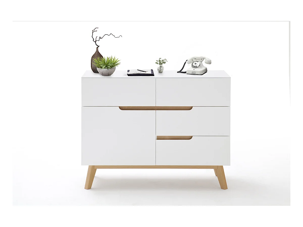 Commode en laqué blanc mat avec piètement en chêne - L97 x H76 x P40 cm