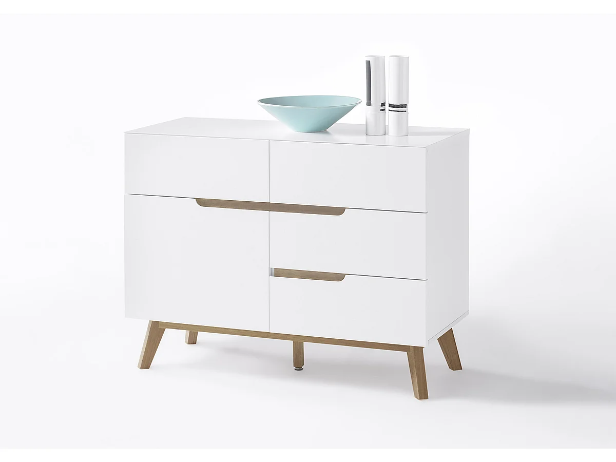 Commode en laqué blanc mat avec piètement en chêne - L97 x H76 x P40 cm