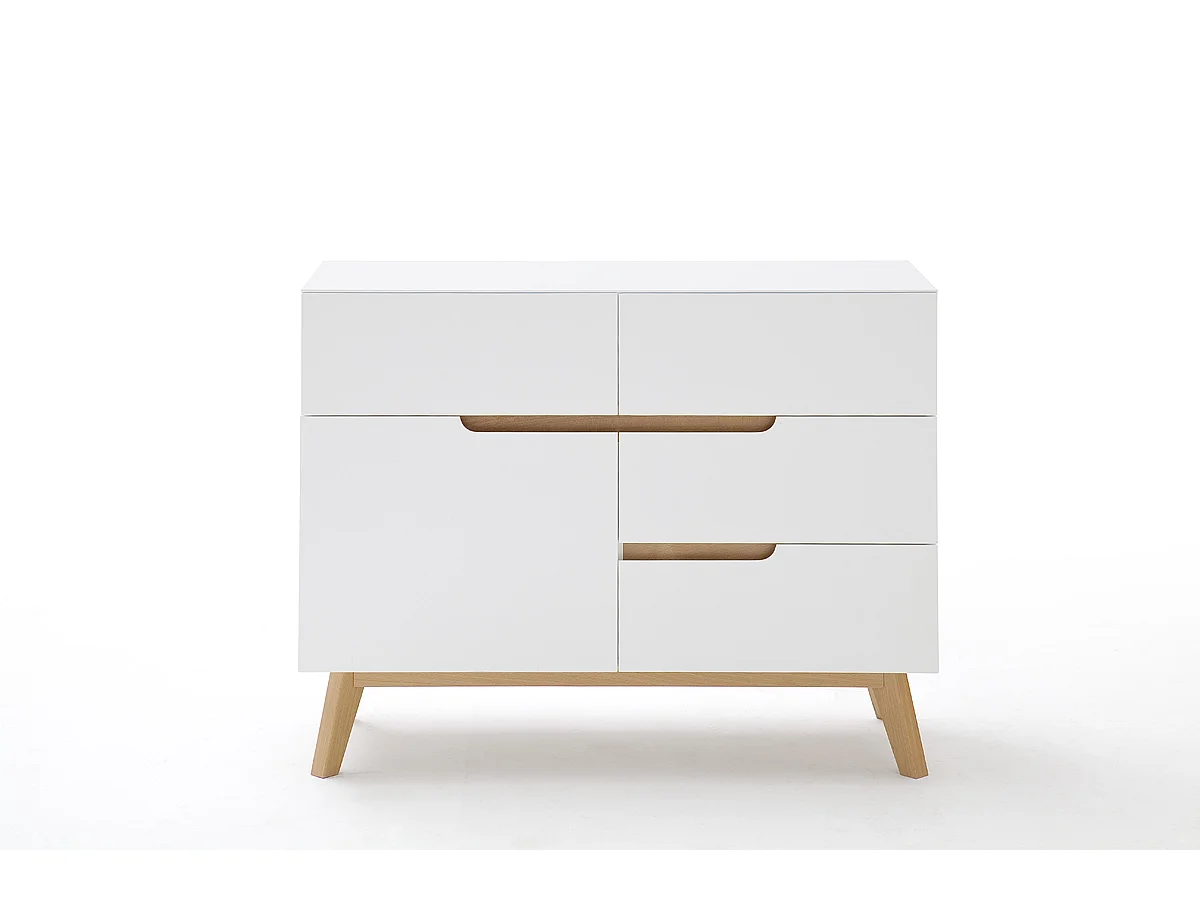 Commode en laqué blanc mat avec piètement en chêne - L97 x H76 x P40 cm