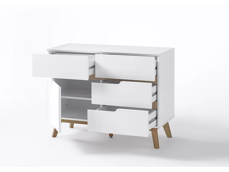 Commode en laqué blanc mat avec piètement en chêne - L97 x H76 x P40 cm