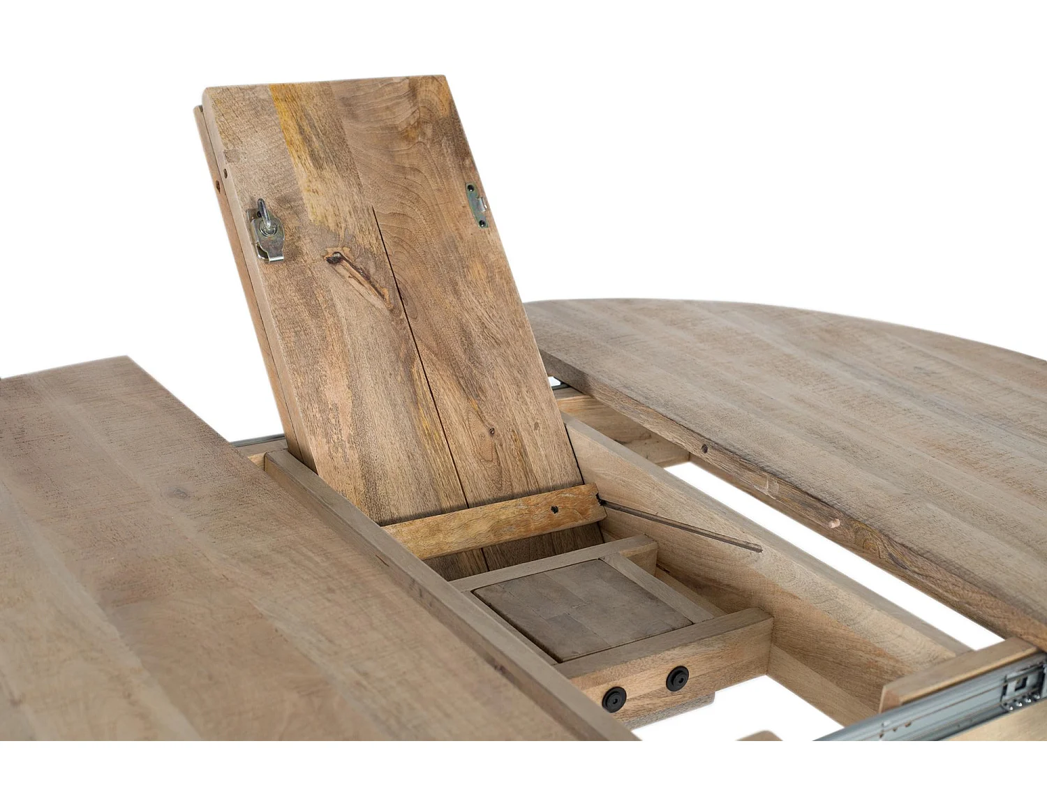 Uitschuifbare kribbetafel van manguierhout, vervaardigd op de hoofdas