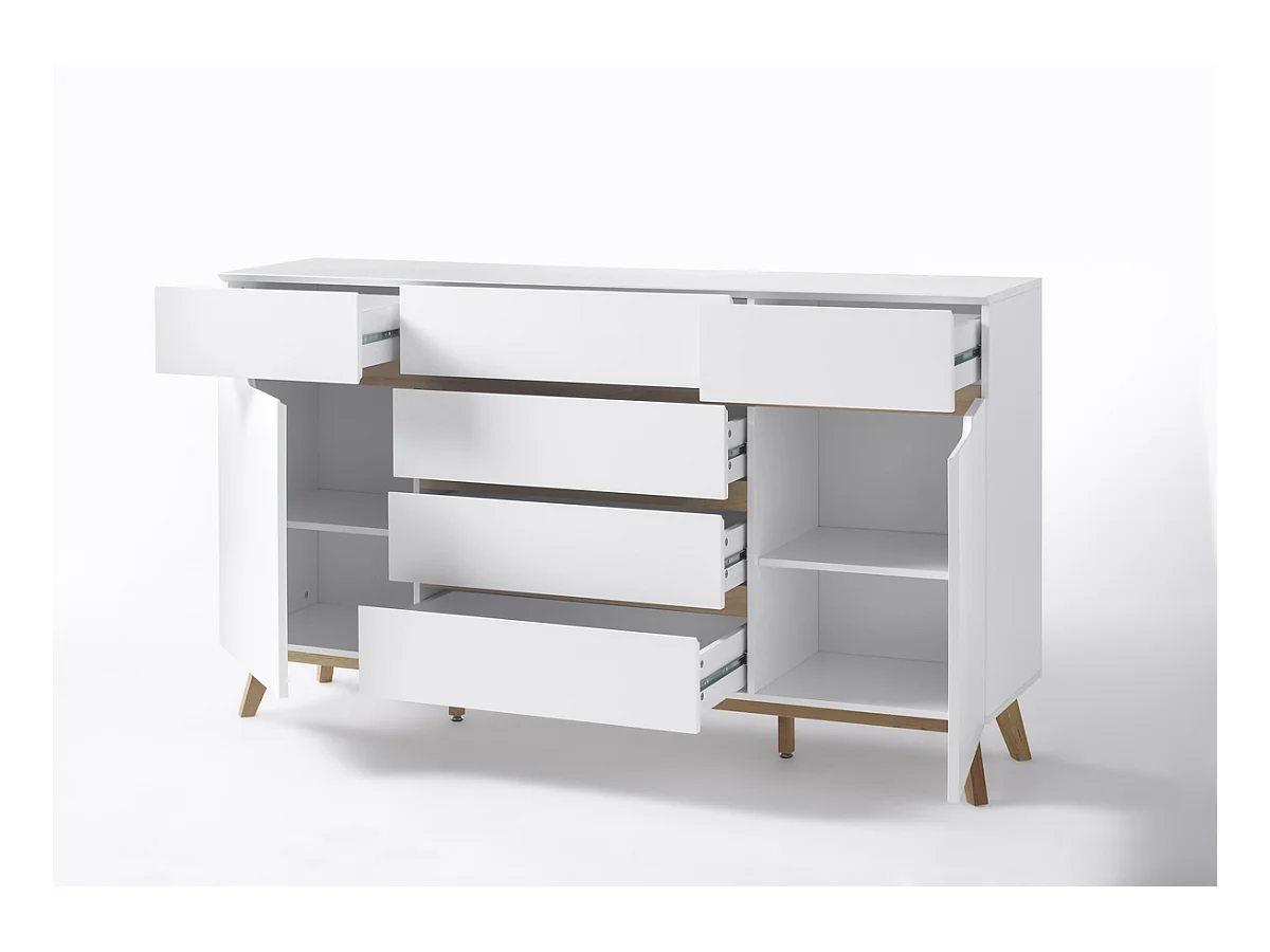 Commode en laqué blanc mat avec piètement en chêne - L169 x H101 x P40 cm