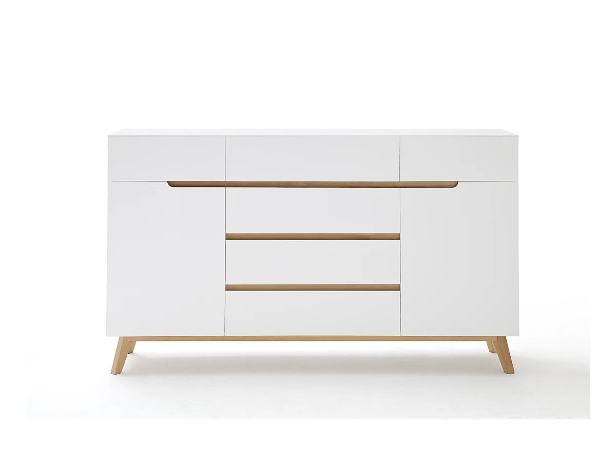 Commode en laqué blanc mat avec piètement en chêne - L169 x H101 x P40 cm