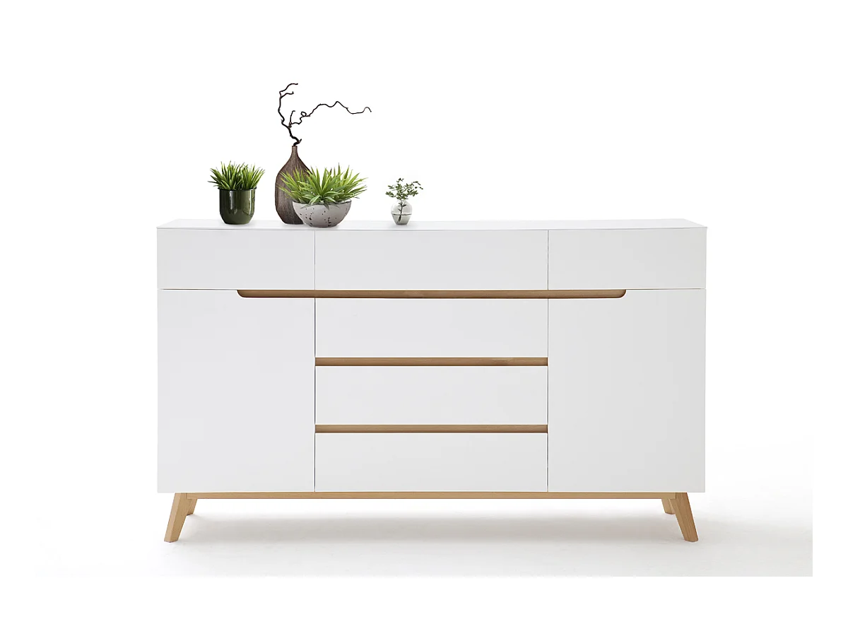 Commode en laqué blanc mat avec piètement en chêne - L169 x H101 x P40 cm