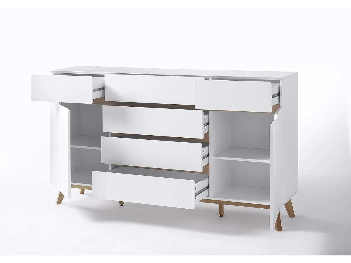 Commode en laqué blanc mat avec piètement en chêne - L169 x H101 x P40 cm