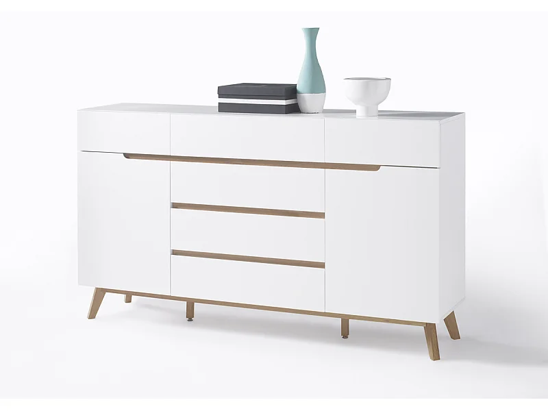 Commode en laqué blanc mat avec piètement en chêne - L169 x H101 x P40 cm