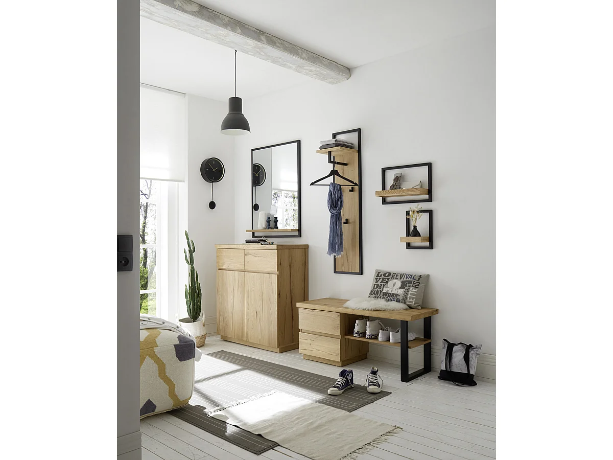 Vestiaire / panneau mural coloris chêne / noir - Longueur 30 x hauteur 125 x profondeur 27 cm