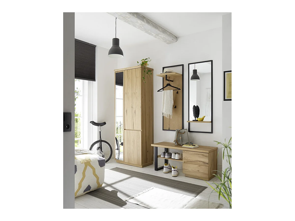 Vestiaire / panneau mural coloris chêne / noir - Longueur 44 x hauteur 125 x profondeur 27 cm