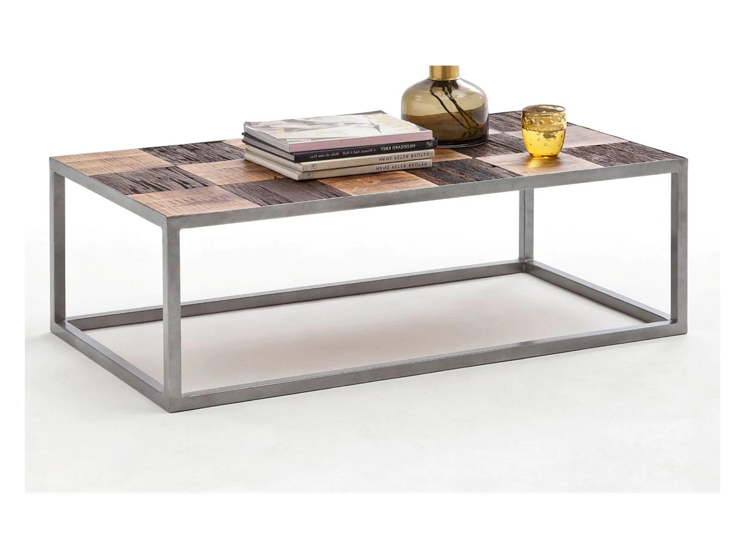 Table basse en bois avec piètement en métal laqué argent - L110 x H35 x P60 cm