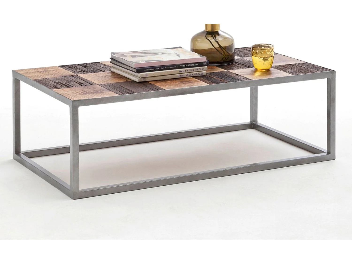 Table basse en bois avec piètement en métal laqué argent - L110 x H35 x P60 cm