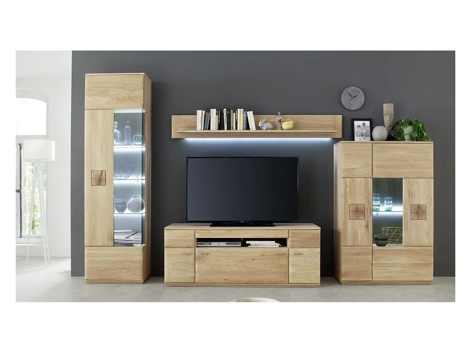 Ensemble séjour 4 pièces en chêne massif bianco avec LED