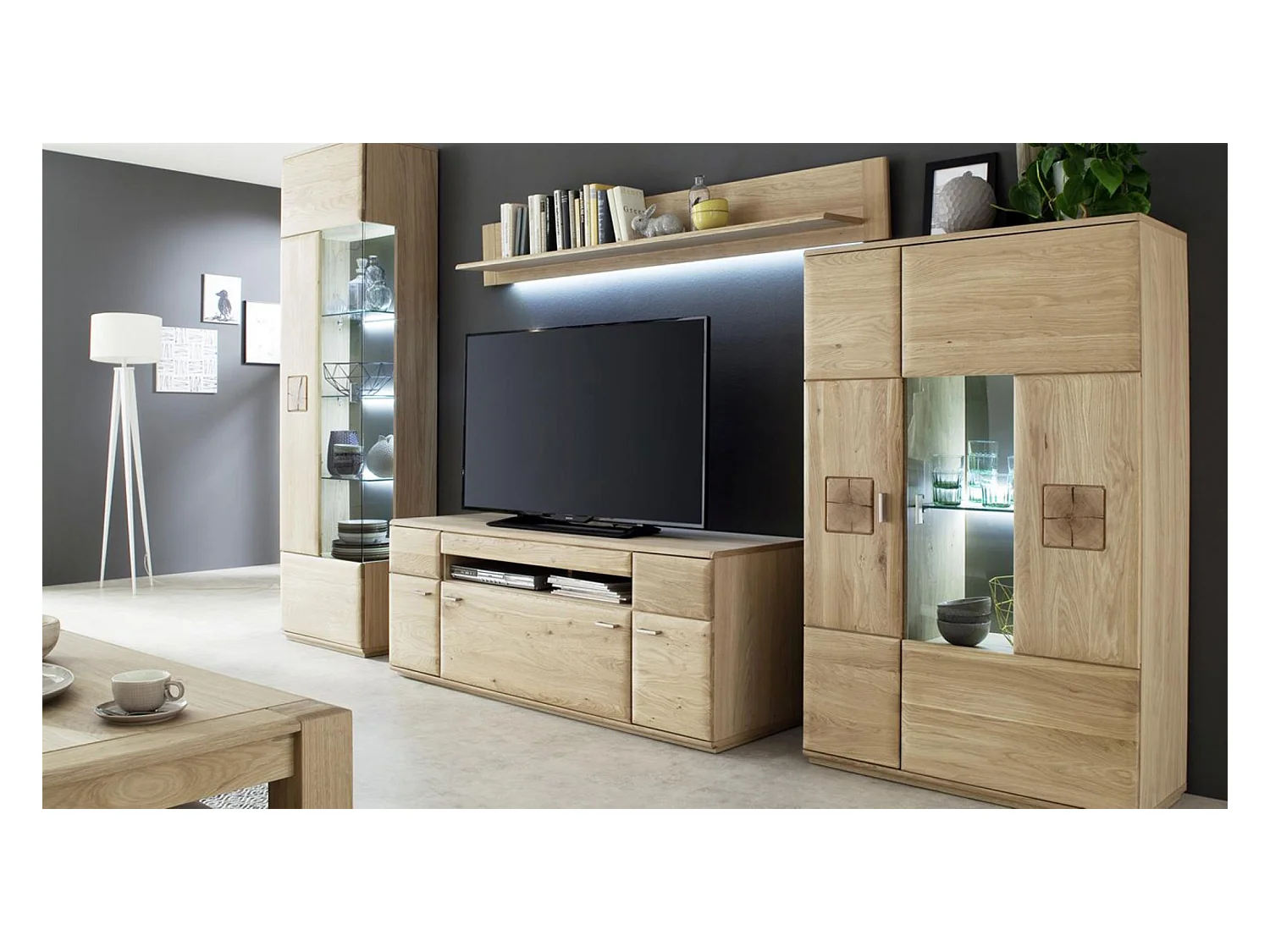 Ensemble séjour 4 pièces en chêne massif bianco avec LED