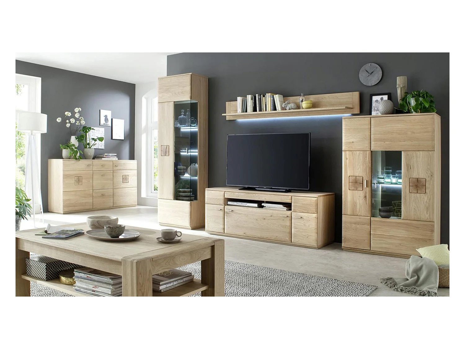 Ensemble séjour 4 pièces en chêne massif bianco avec LED