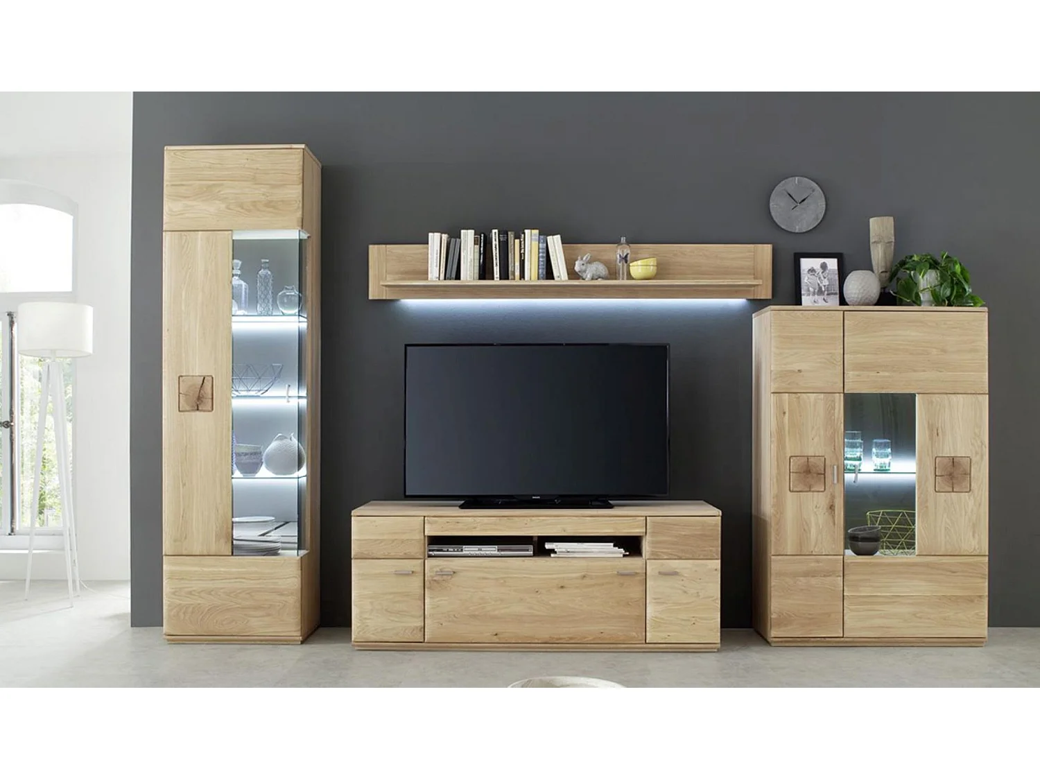 Ensemble séjour 4 pièces en chêne massif bianco avec LED