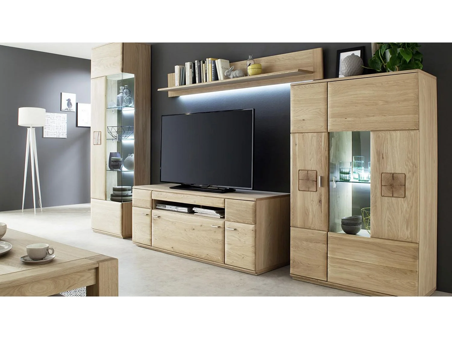 Ensemble séjour 4 pièces en chêne massif bianco avec LED