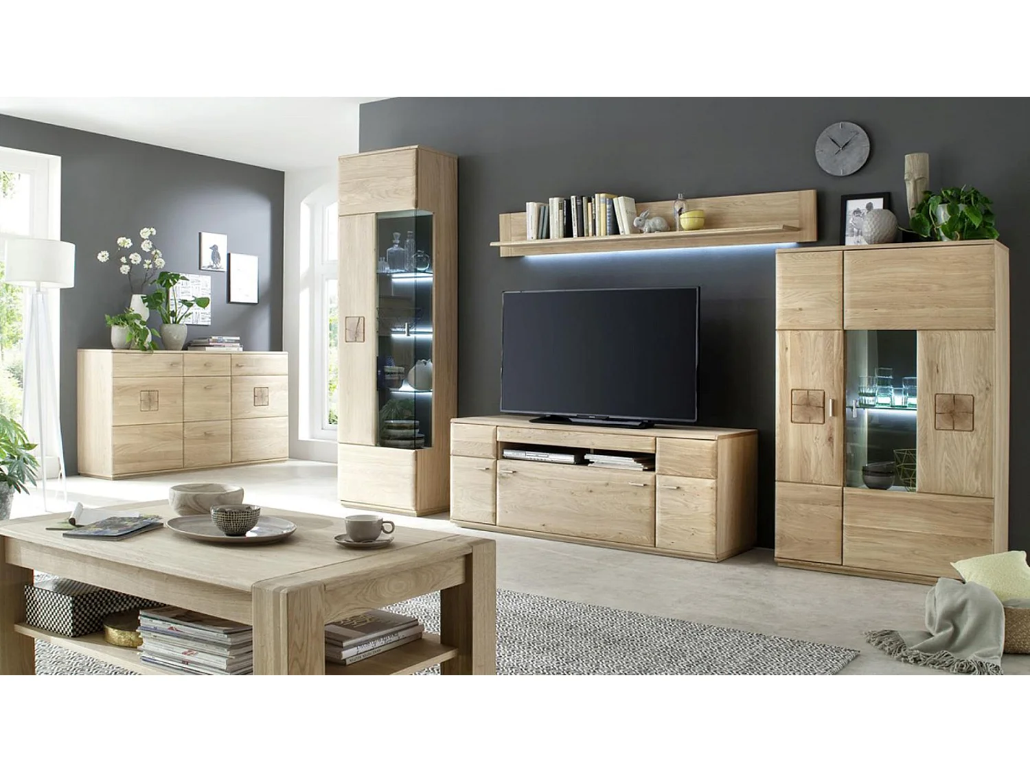 Ensemble séjour 4 pièces en chêne massif bianco avec LED