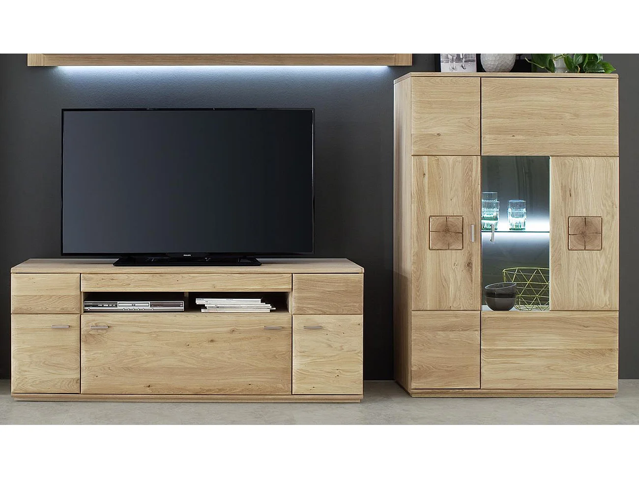 Ensemble séjour 4 pièces en chêne massif bianco avec LED