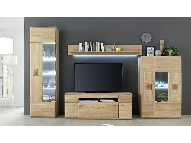 Ensemble séjour 4 pièces en chêne massif bianco avec LED