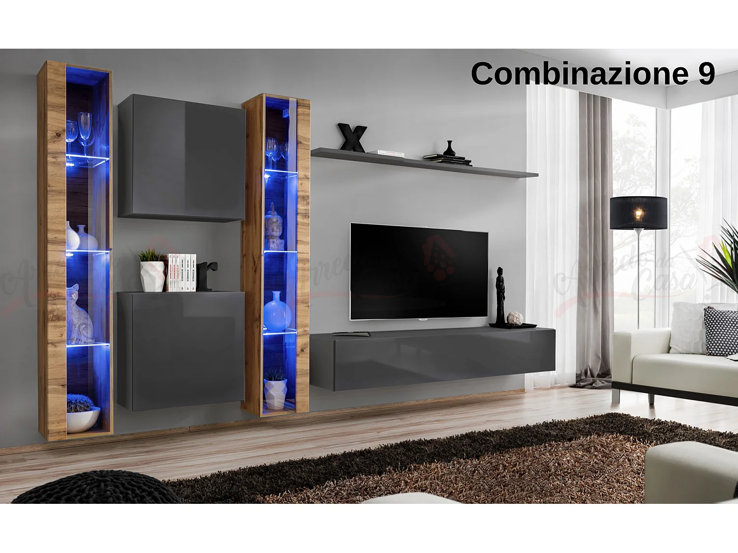 Parete attrezzata moderna da soggiorno con illuminazione led 330x180 rovere e grigio PAP60