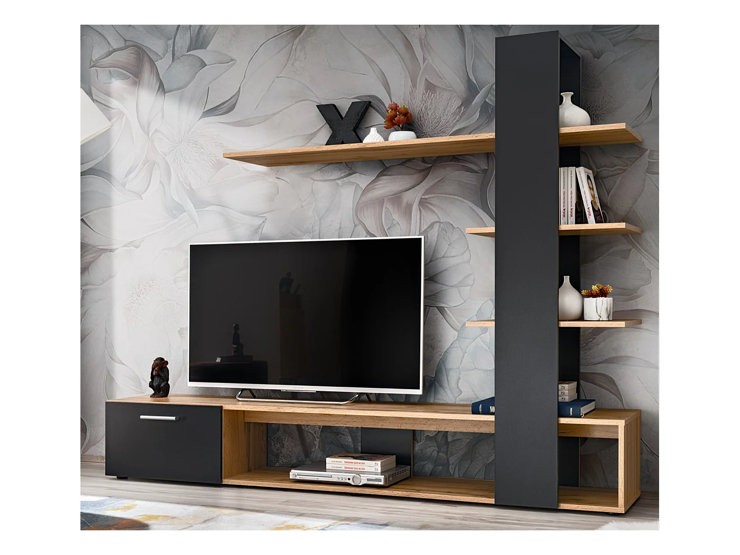 Parete attrezzata da soggiorno moderna 190x152 PAP142 rovere e nero opaco