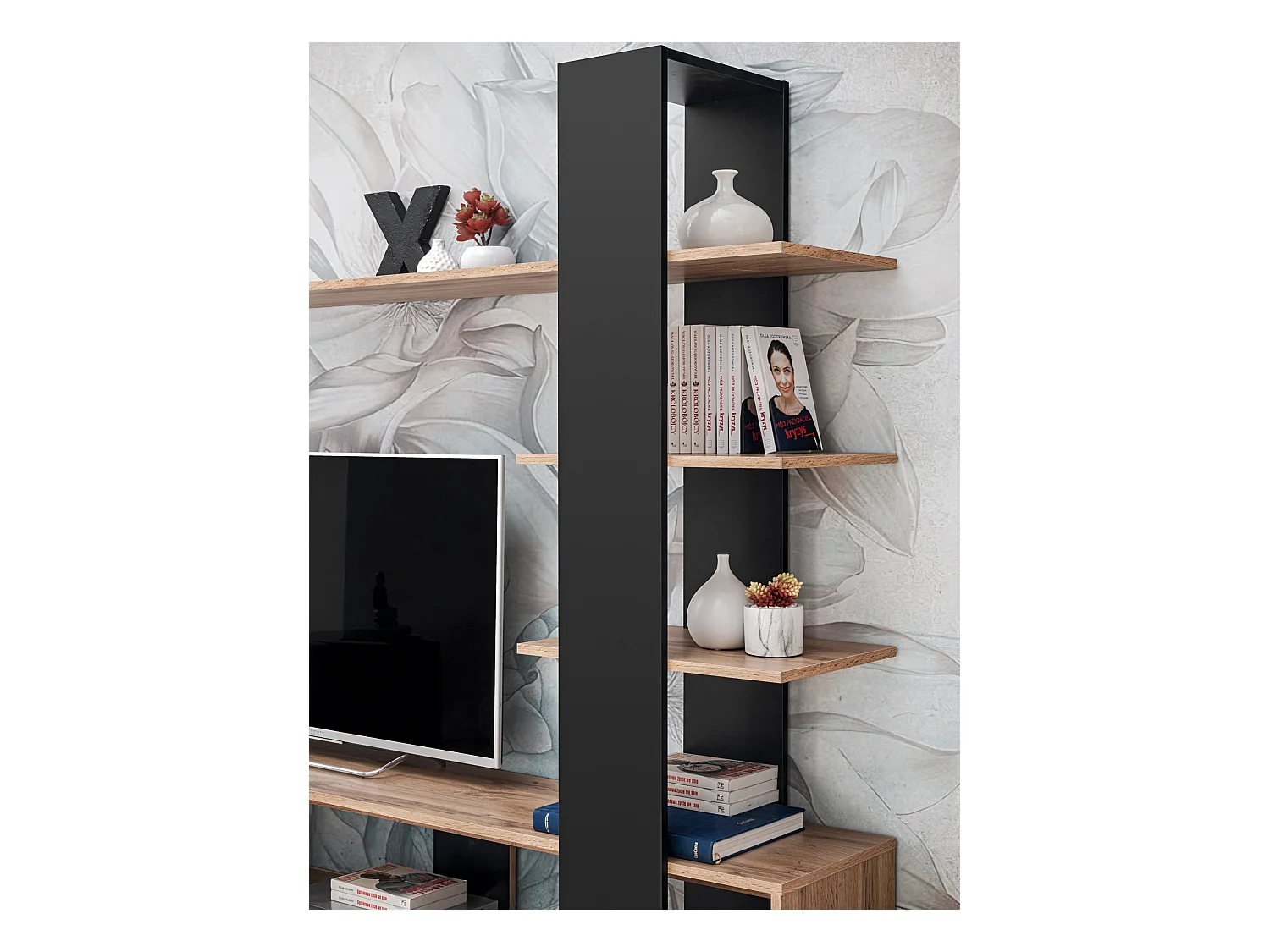 Parete attrezzata da soggiorno moderna 190x152 PAP142 rovere e nero opaco