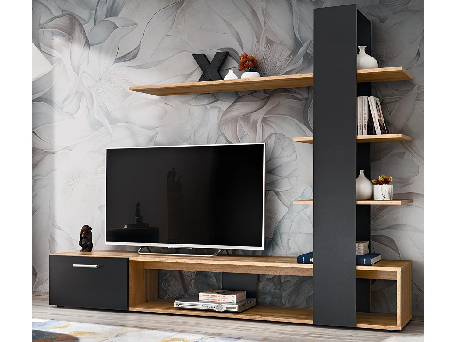 Parete attrezzata da soggiorno moderna 190x152 PAP142 rovere e nero opaco