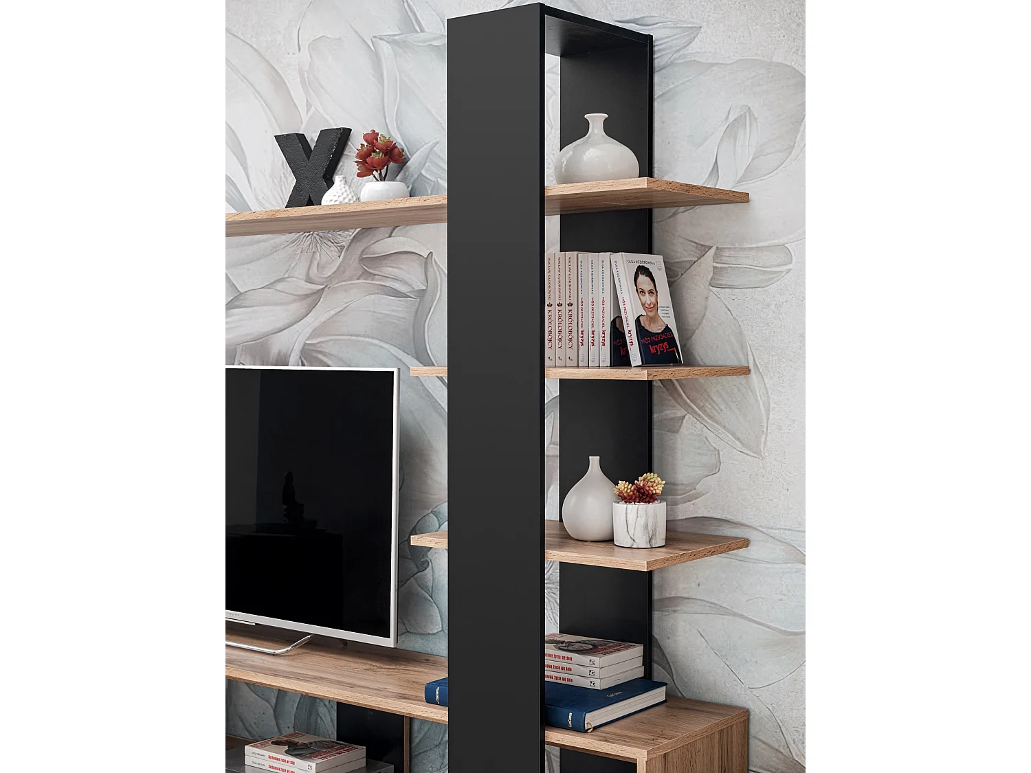 Parete attrezzata da soggiorno moderna 190x152 PAP142 rovere e nero opaco