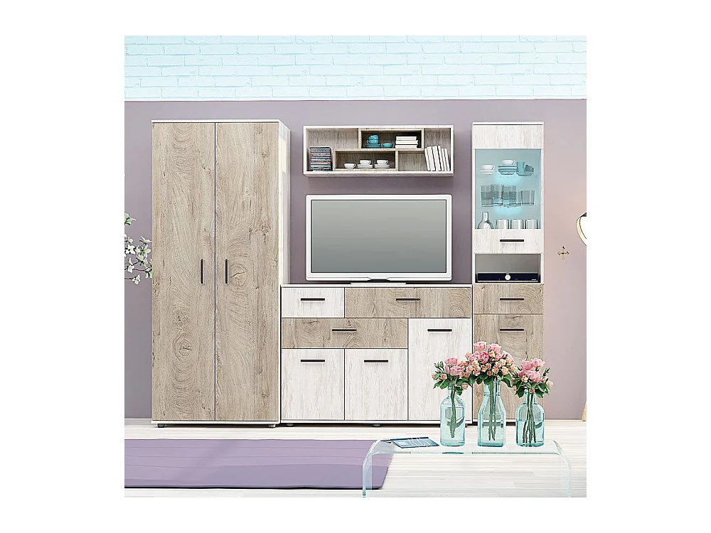 Parete attrezzata modulare con vetrinetta e luce led rovere scuro e rovere bianco SG27