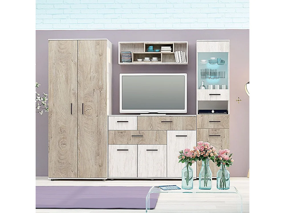 Parete attrezzata modulare con vetrinetta e luce led rovere scuro e rovere bianco SG27