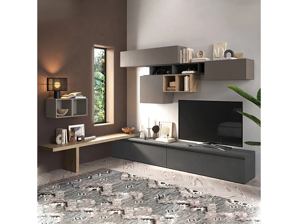 Parete attrezzata angolare 276x200 cm argilla, rovere e piombo PAL52