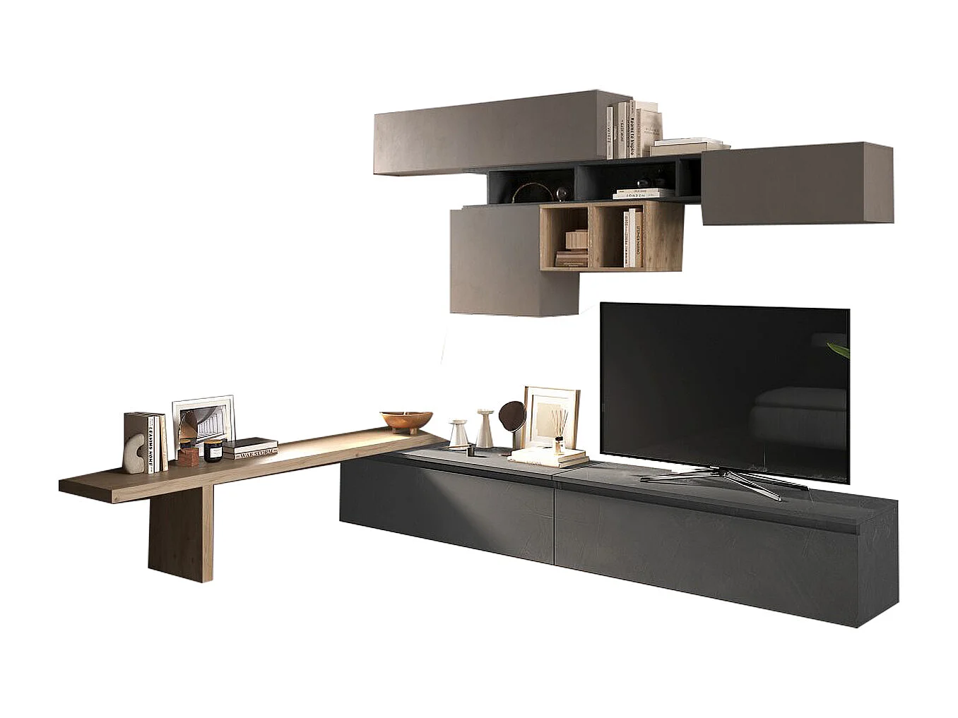 Parete attrezzata angolare 276x200 cm argilla, rovere e piombo PAL52