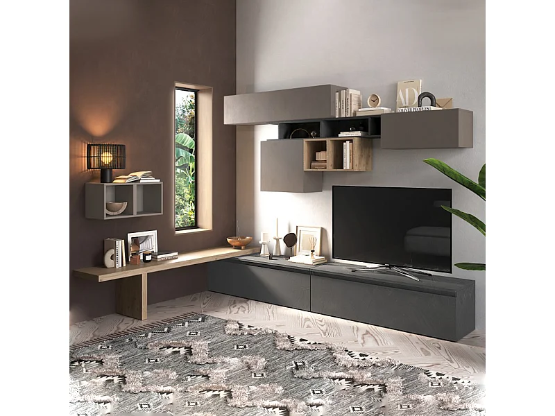 Parete attrezzata angolare 276x200 cm argilla, rovere e piombo PAL52