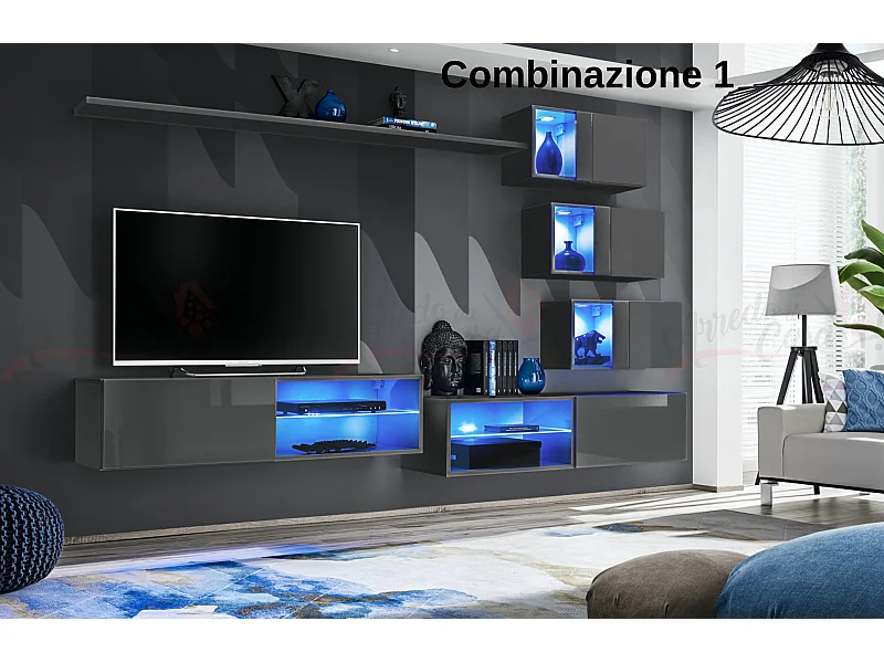 Parete attrezzata per soggiorno con vetrinette e luci led 260x170 grigio PAP70