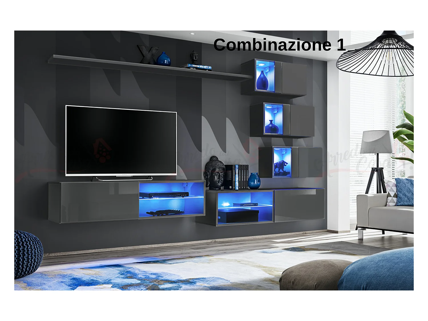 Parete attrezzata per soggiorno con vetrinette e luci led 260x170 grigio PAP70