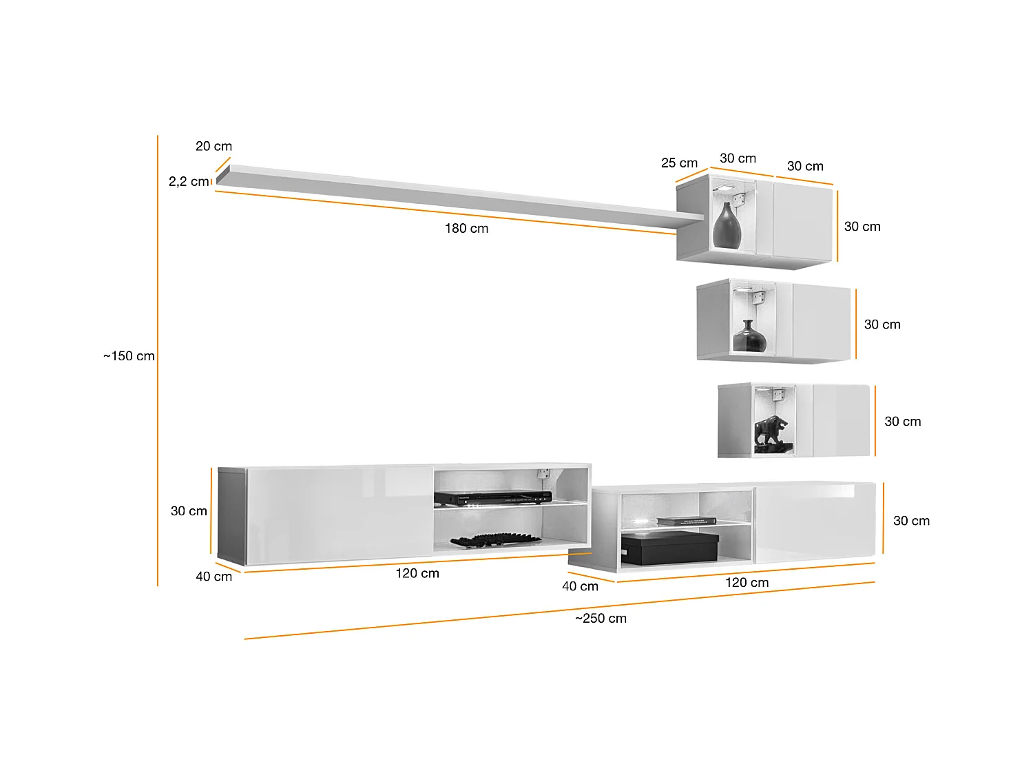 Parete attrezzata per soggiorno con vetrinette e luci led 260x170 grigio PAP70