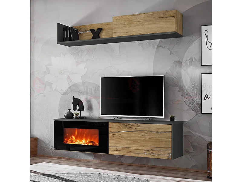 Parete attrezzata per soggiorno con biocamino e pensile orizzontale 180x180 antracite e rovere PAP135
