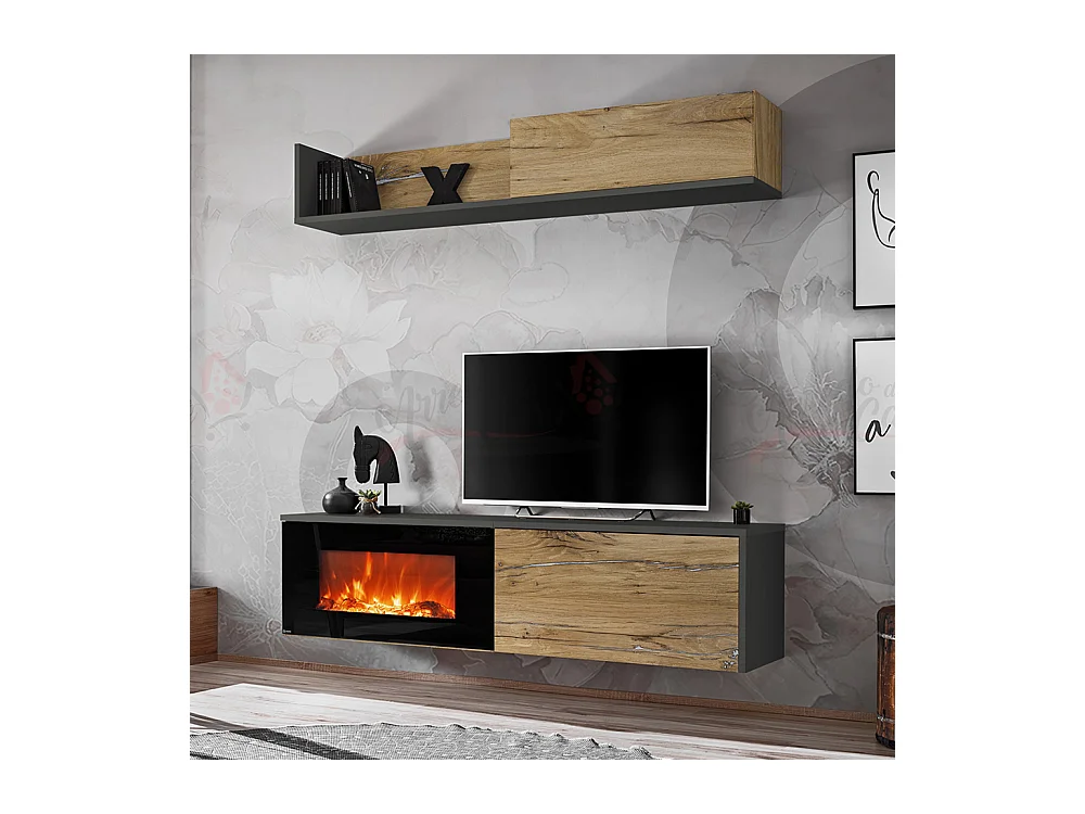 Parete attrezzata per soggiorno con biocamino e pensile orizzontale 180x180 antracite e rovere PAP135