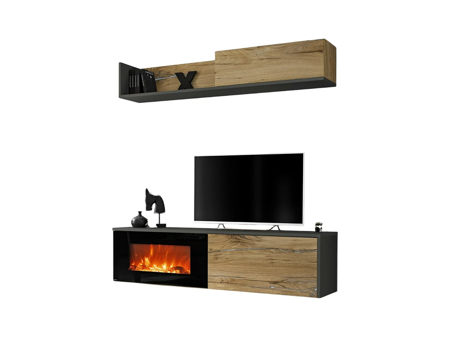 Parete attrezzata per soggiorno con biocamino e pensile orizzontale 180x180 antracite e rovere PAP135