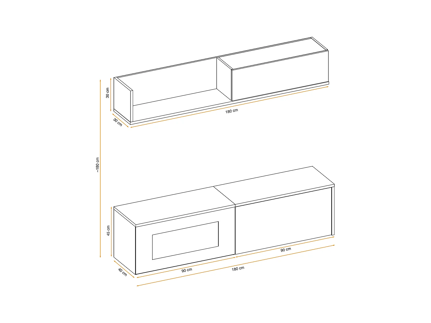 Parete attrezzata per soggiorno con biocamino e pensile orizzontale 180x180 antracite e rovere PAP135